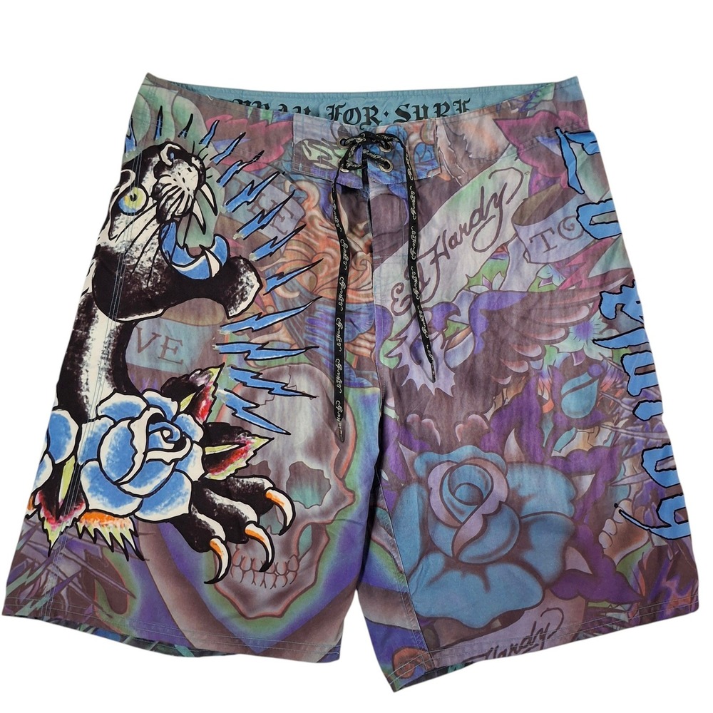 Ed Hardy Christian Audigier Board Shorts Mens 38 Purple Panther Tattoo Print 9"